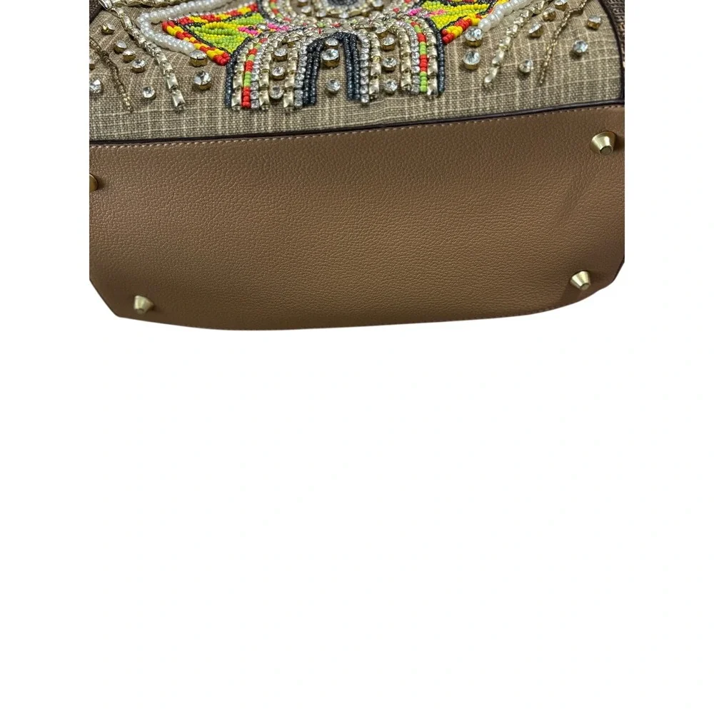 Nicole Lee Beaded Crystal Satchel Bag Metallic Bronze Tan Geometric Boho Handbag